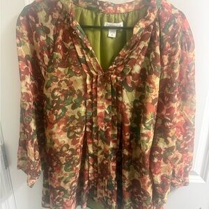 Coldwater Creek Olive & Rust Floral V-Neck Blouse